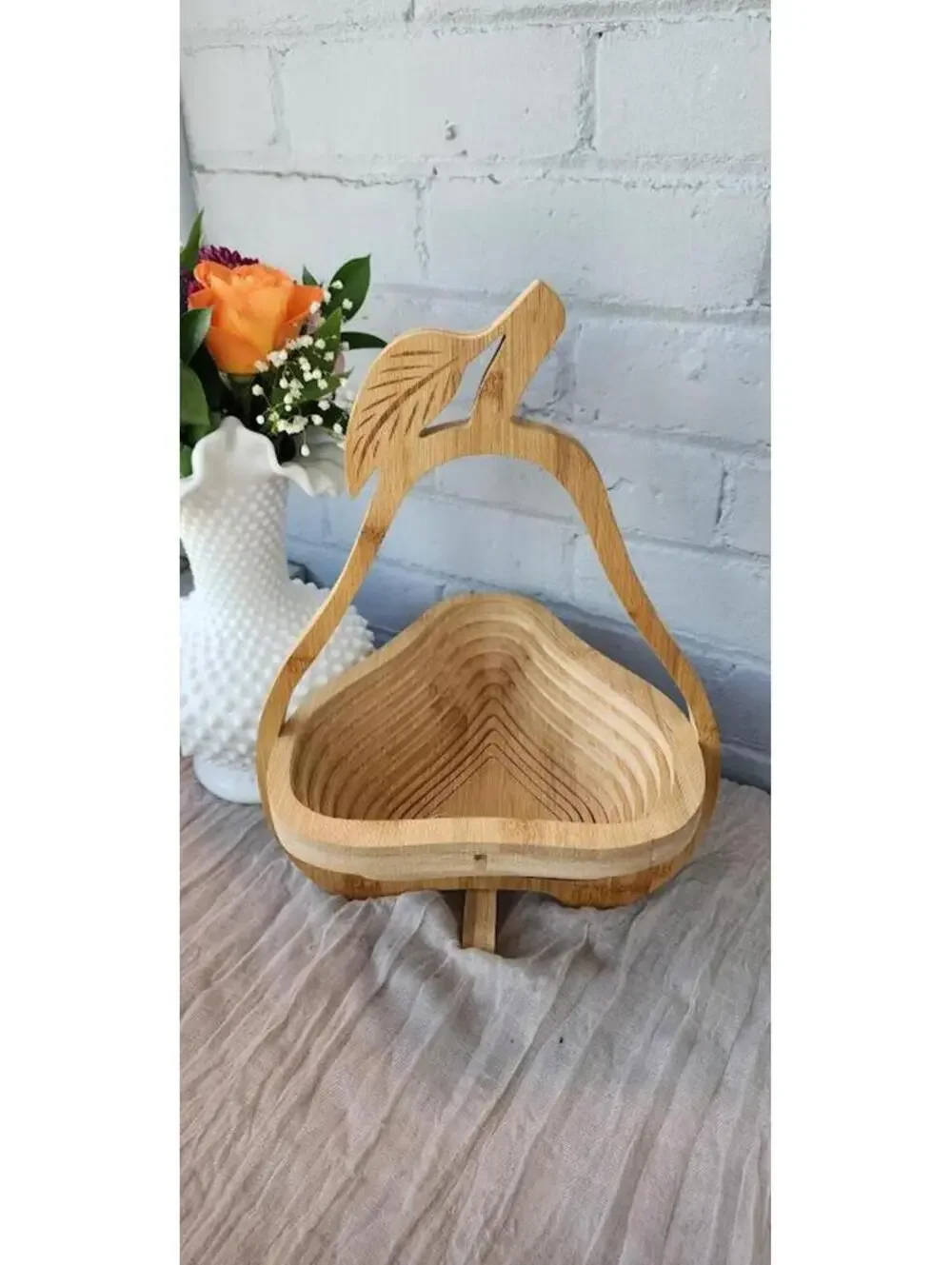 Pear Shaped Collapsible Wooden Basket Bowl Bamboo Farmhouse Decor